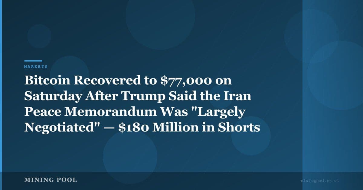 Bitcoin Recovered to $77,000 on Saturday After Trump Said the Iran Peace Memorandum Was "Largely Negotiated" — $180 Million in Shorts Were Liquidated in 30 Minutes