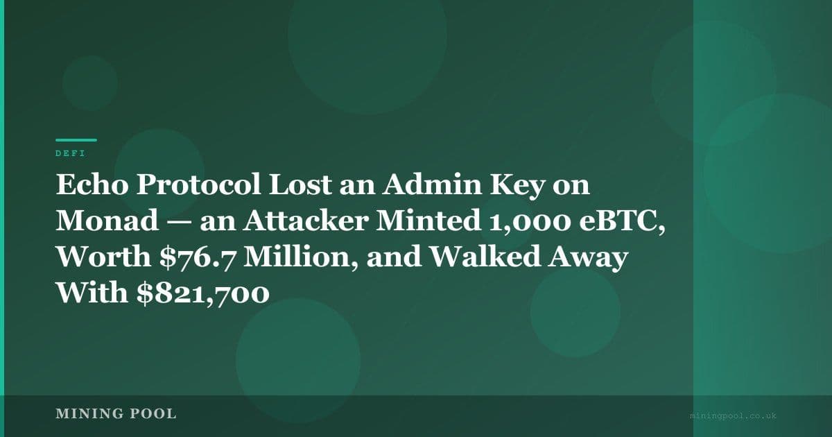Echo Protocol Lost an Admin Key on Monad — an Attacker Minted 1,000 eBTC, Worth $76.7 Million, and Walked Away With $821,700